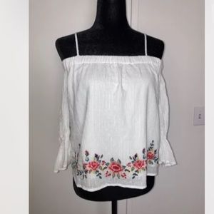 J.O.A. Swiss Dot Embroidered Off Shoulder Top XS